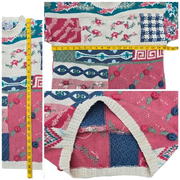 VTG Patchwork Sweater Crystal Kobe Size Petite Medium Pink Blue Beige Floral NWT - Picture 7 of 9